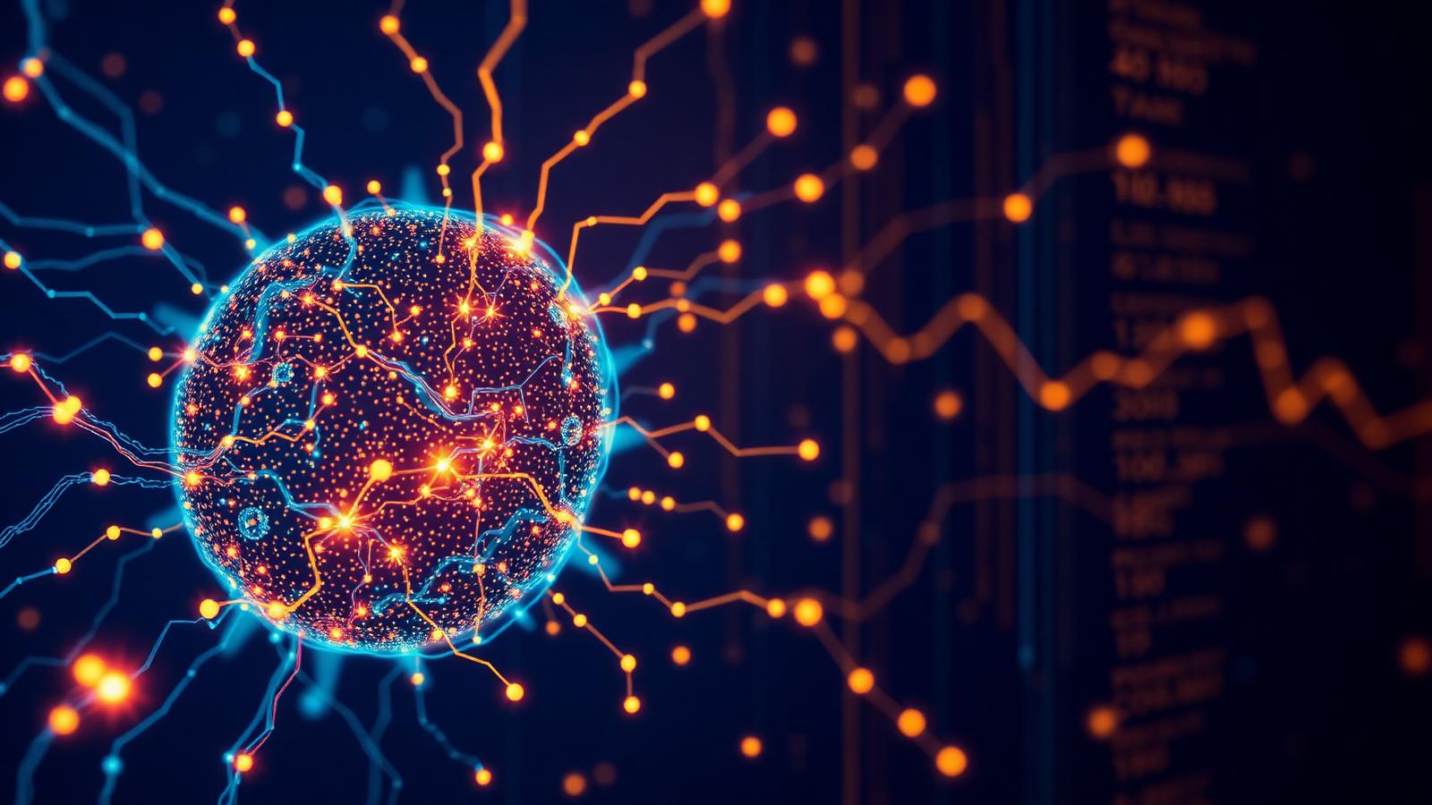 An abstract neural circuit glowing in amber and navy, dissolving into a vertical ticker tape
