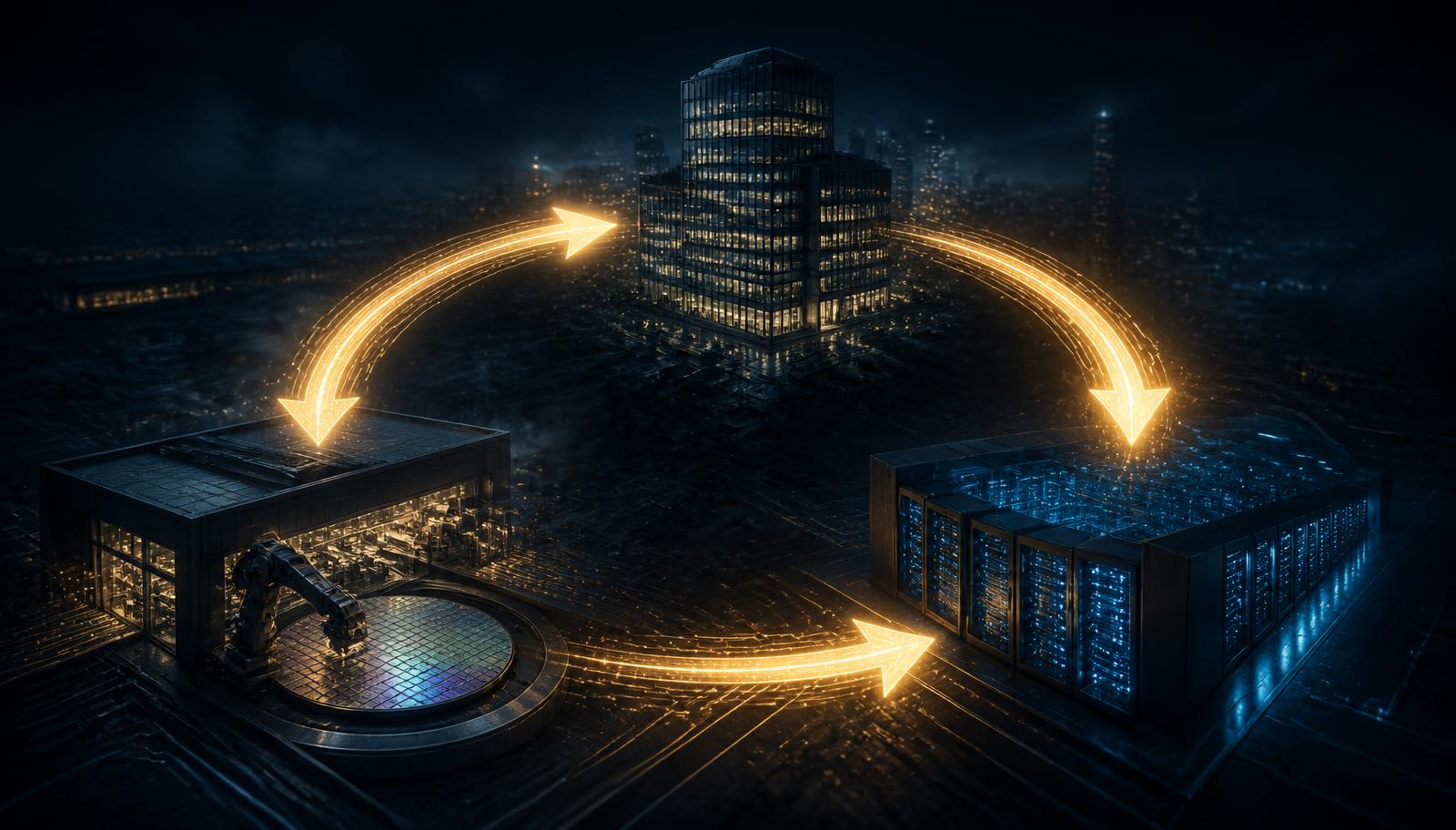 Golden capital flows forming a closed ring between a semiconductor foundry, a corporate tower and a data centre