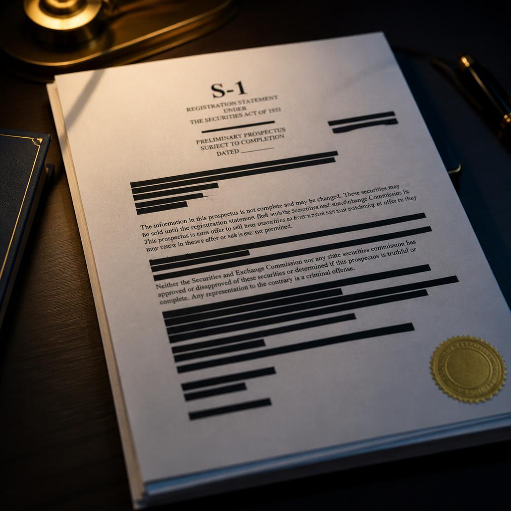 Editorial photograph of a redacted S-1 preliminary prospectus with a gold-embossed seal, on a dark wooden desk under warm lamp light
