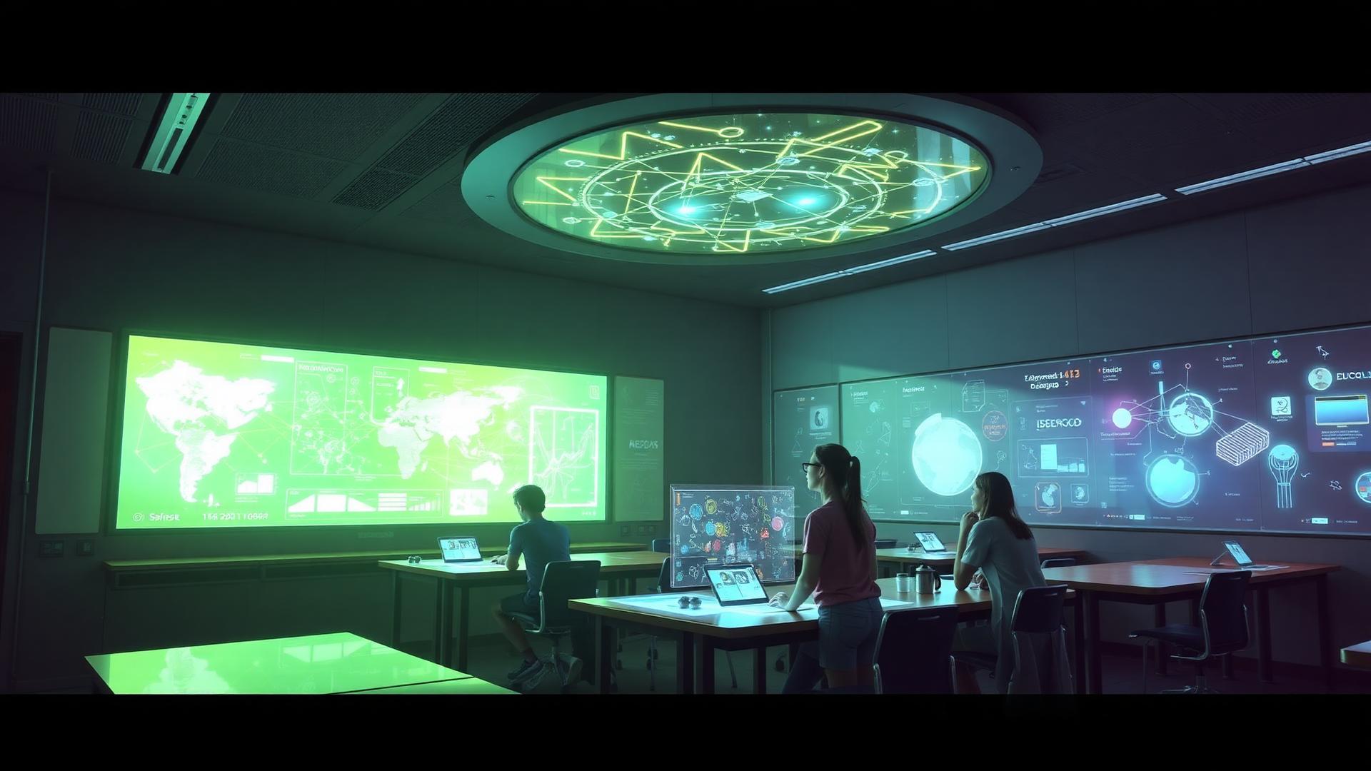 AI-enhanced classroom with interactive learning displays