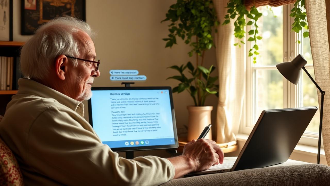 Senior using ChatGPT for creative memoir writing in inspiring home office